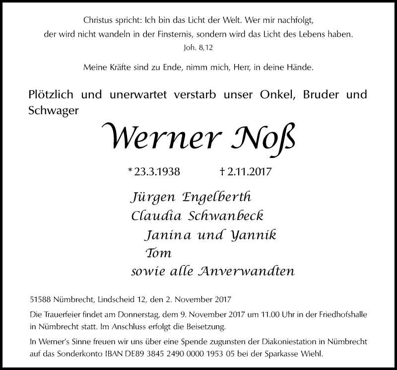  Traueranzeige für Werner Noß vom 08.11.2017 aus  Lokalanzeiger 