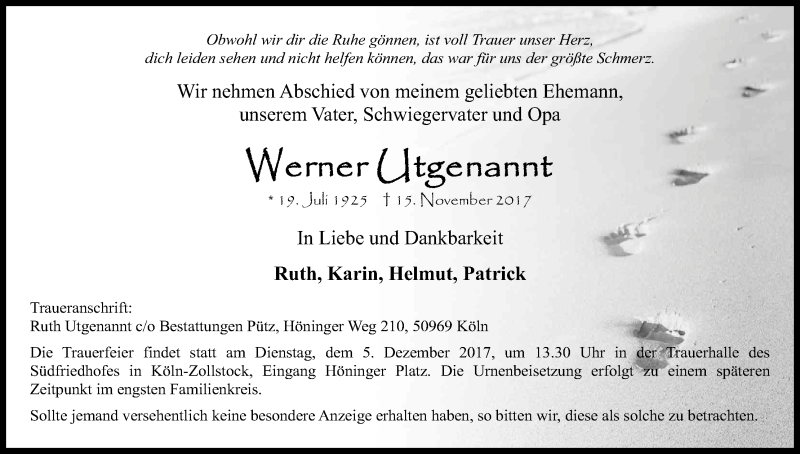  Traueranzeige für Werner Utgenannt vom 29.11.2017 aus Kölner Stadt-Anzeiger / Kölnische Rundschau / Express