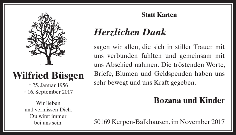  Traueranzeige für Wilfried Büsgen vom 02.11.2017 aus  Werbepost 