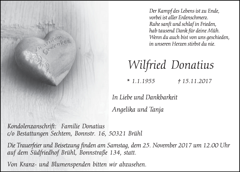  Traueranzeige für Wilfried Donatius vom 22.11.2017 aus  Schlossbote/Werbekurier 