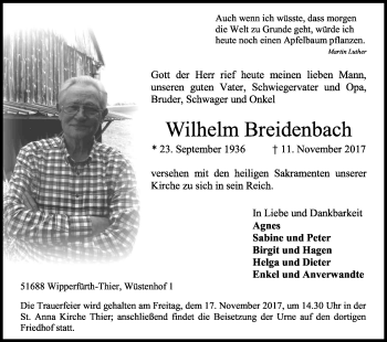 Anzeige von Wilhelm Breidenbach von Kölner Stadt-Anzeiger / Kölnische Rundschau / Express