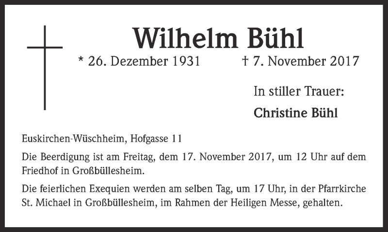  Traueranzeige für Wilhelm Bühl vom 11.11.2017 aus  Blickpunkt Euskirchen 