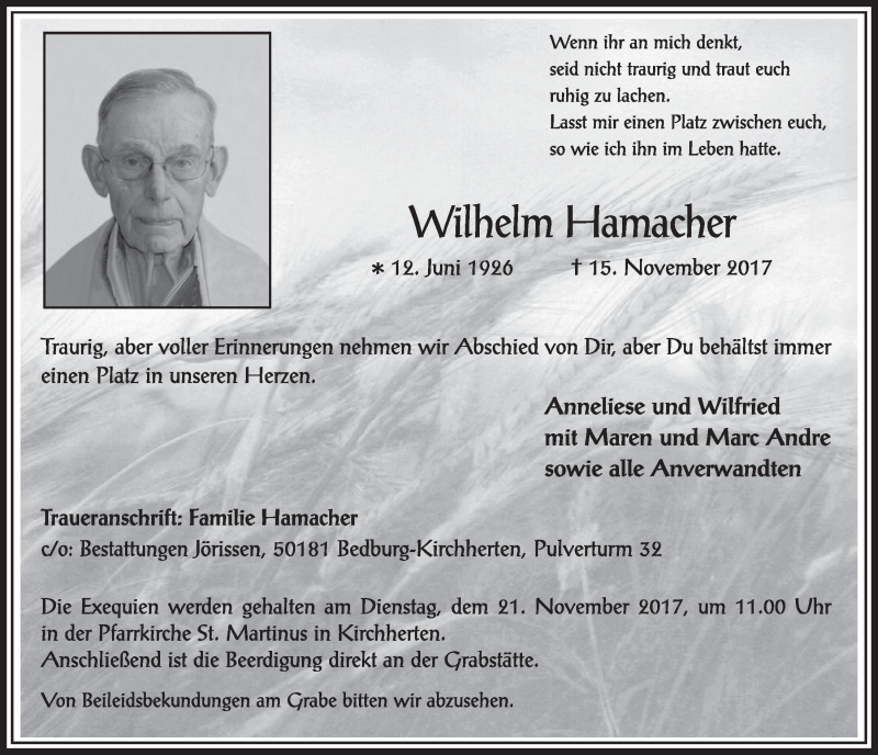  Traueranzeige für Wilhelm Hamacher vom 18.11.2017 aus  Sonntags-Post 