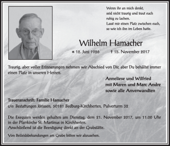 Anzeige von Wilhelm Hamacher von  Sonntags-Post 