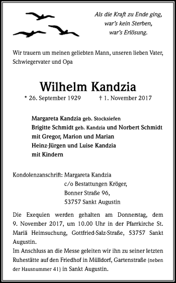 Anzeige von Wilhelm Kandzia von Kölner Stadt-Anzeiger / Kölnische Rundschau / Express