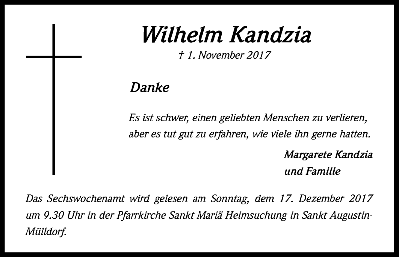  Traueranzeige für Wilhelm Kandzia vom 25.11.2017 aus Kölner Stadt-Anzeiger / Kölnische Rundschau / Express