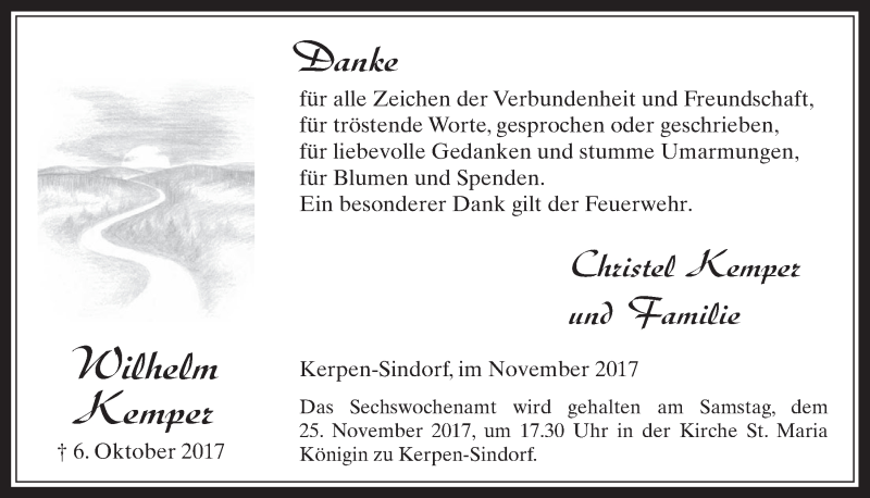 Traueranzeige für Wilhelm Kempez vom 08.11.2017 aus  Werbepost 