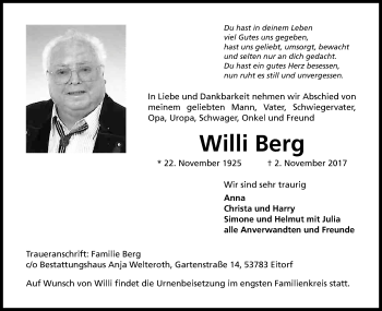 Anzeige von Willi Berg von Kölner Stadt-Anzeiger / Kölnische Rundschau / Express