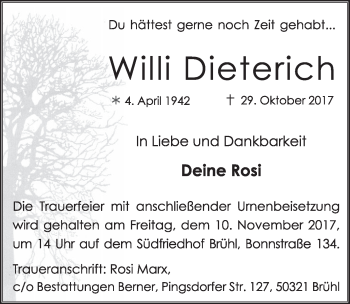 Anzeige von Willi Dieterich von  Schlossbote/Werbekurier 