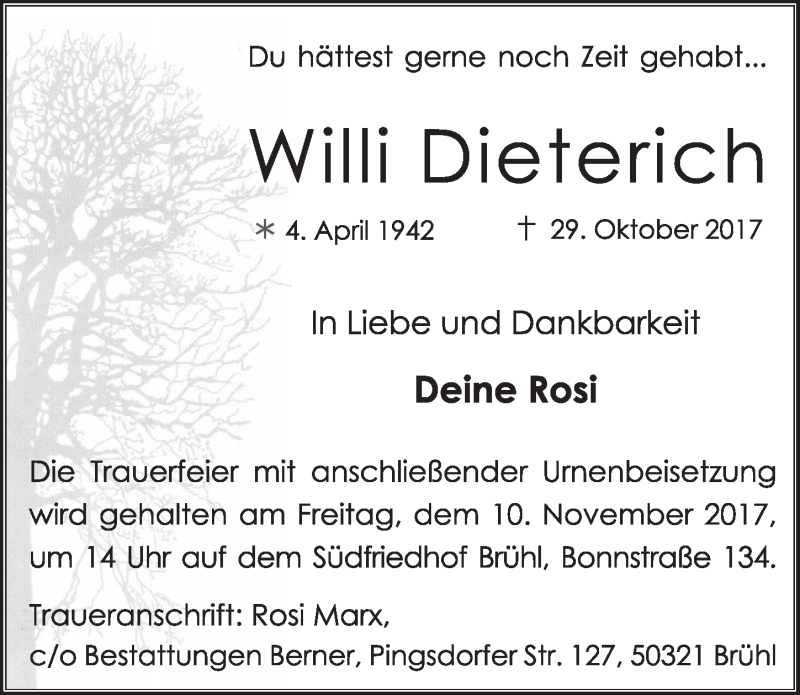  Traueranzeige für Willi Dieterich vom 08.11.2017 aus  Schlossbote/Werbekurier 