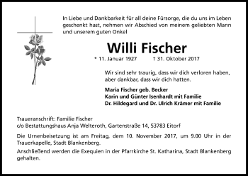 Anzeige von Willi Fischer von Kölner Stadt-Anzeiger / Kölnische Rundschau / Express