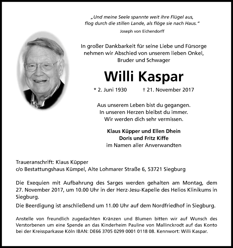  Traueranzeige für Willi Kaspar vom 23.11.2017 aus Kölner Stadt-Anzeiger / Kölnische Rundschau / Express