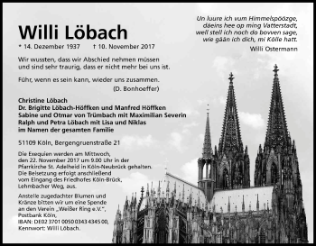 Anzeige von Willi Löbach von Kölner Stadt-Anzeiger / Kölnische Rundschau / Express