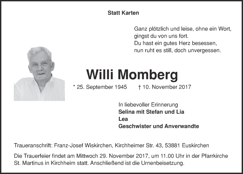  Traueranzeige für Willi Momberg vom 25.11.2017 aus  Blickpunkt Euskirchen 