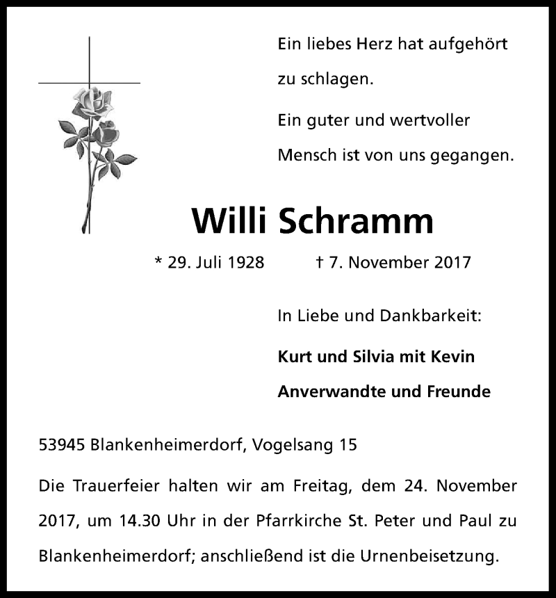  Traueranzeige für Willi Schramm vom 15.11.2017 aus Kölner Stadt-Anzeiger / Kölnische Rundschau / Express