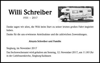Anzeige von Willi Schreiber von Kölner Stadt-Anzeiger / Kölnische Rundschau / Express