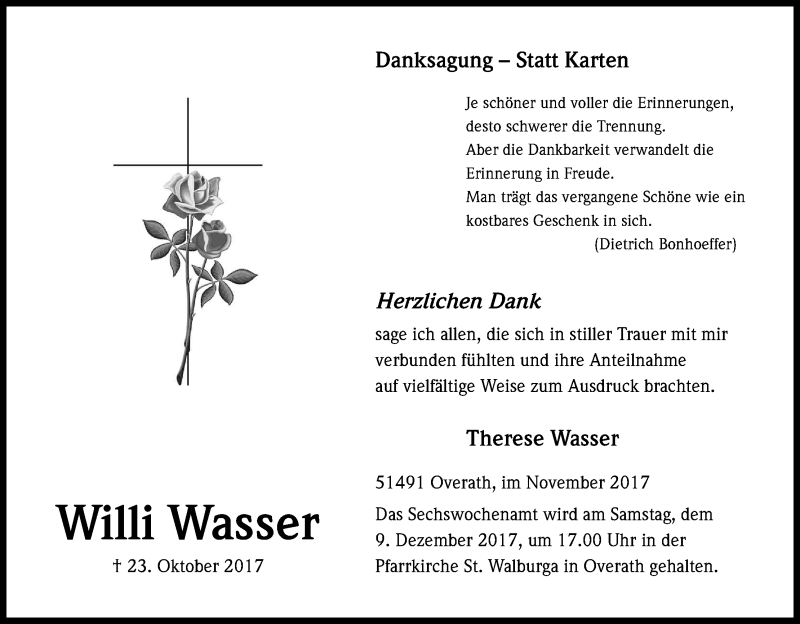  Traueranzeige für Willi Wasser vom 25.11.2017 aus Kölner Stadt-Anzeiger / Kölnische Rundschau / Express