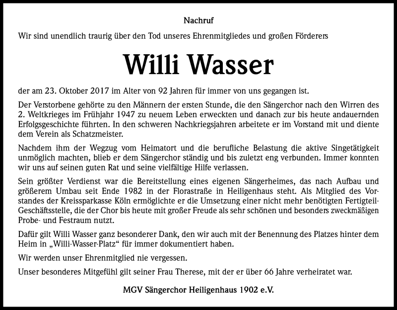  Traueranzeige für Willi Wasser vom 03.11.2017 aus Kölner Stadt-Anzeiger / Kölnische Rundschau / Express