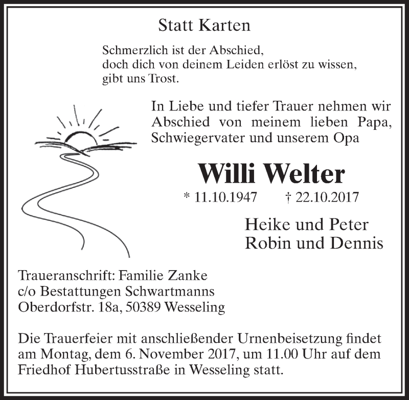  Traueranzeige für Willi Welter vom 02.11.2017 aus  Schlossbote/Werbekurier 