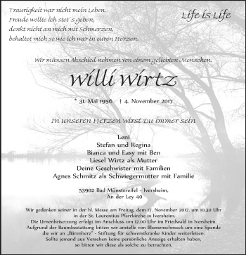 Anzeige von Willi Wirtz von  Blickpunkt Euskirchen 