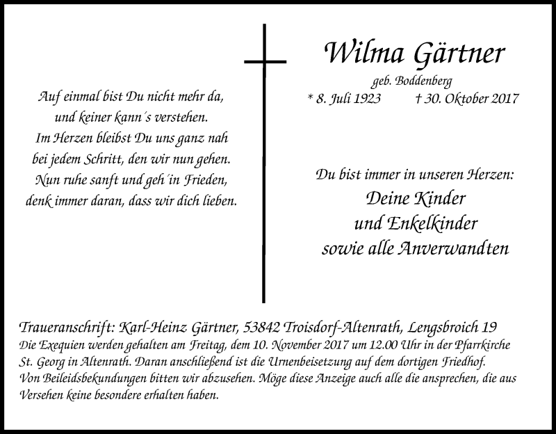  Traueranzeige für Wilma Gärtner vom 04.11.2017 aus Kölner Stadt-Anzeiger / Kölnische Rundschau / Express