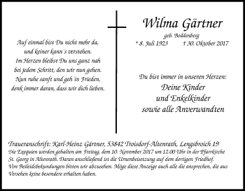 Anzeige von Wilma Gärtner von Kölner Stadt-Anzeiger / Kölnische Rundschau / Express