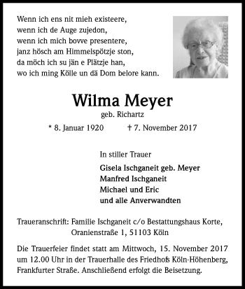 Anzeige von Wilma Meyer von Kölner Stadt-Anzeiger / Kölnische Rundschau / Express