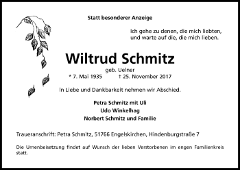 Anzeige von Wiltrud Schmitz von Kölner Stadt-Anzeiger / Kölnische Rundschau / Express