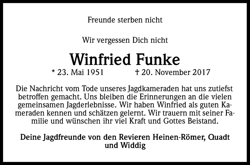  Traueranzeige für Winfried Funke vom 29.11.2017 aus Kölner Stadt-Anzeiger / Kölnische Rundschau / Express