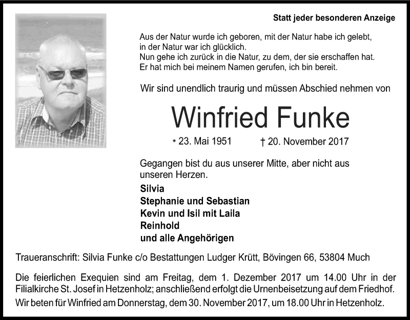  Traueranzeige für Winfried Funke vom 25.11.2017 aus Kölner Stadt-Anzeiger / Kölnische Rundschau / Express