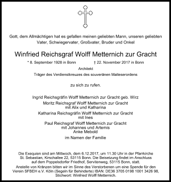 Anzeige von Winfried  Reichsgraf Wolff Metternich zur Gracht von Kölner Stadt-Anzeiger / Kölnische Rundschau / Express