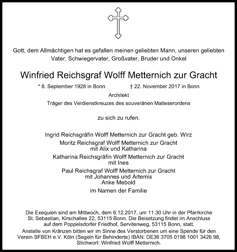  Traueranzeige für Winfried  Reichsgraf Wolff Metternich zur Gracht vom 29.11.2017 aus Kölner Stadt-Anzeiger / Kölnische Rundschau / Express