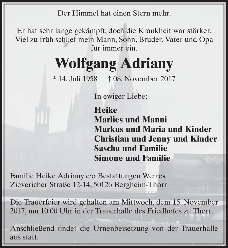  Traueranzeige für Wolfgang Adriany vom 11.11.2017 aus  Sonntags-Post 
