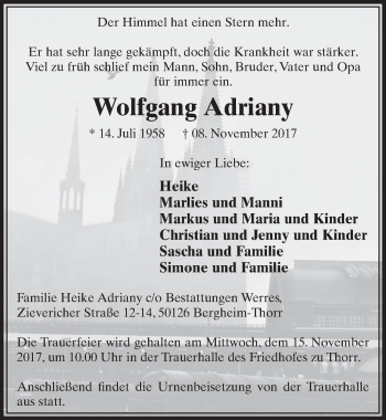 Anzeige von Wolfgang Adriany von  Sonntags-Post 