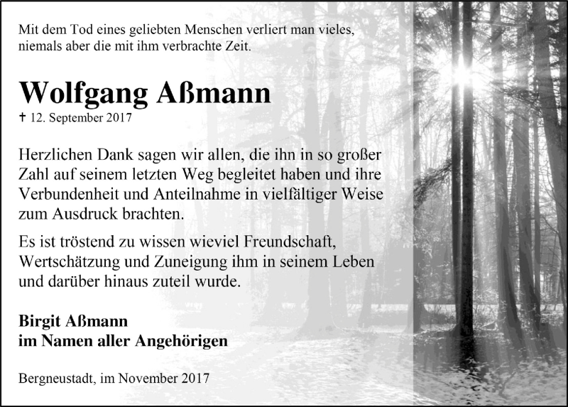  Traueranzeige für Wolfgang Aßmann vom 08.11.2017 aus  Anzeigen Echo 