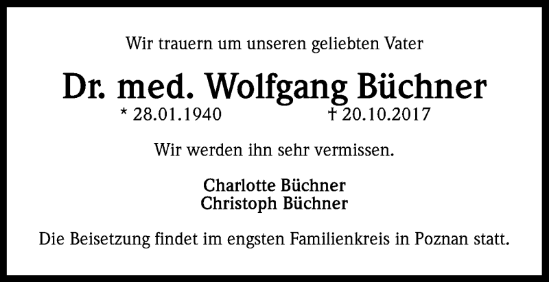  Traueranzeige für Wolfgang Büchner vom 11.11.2017 aus Kölner Stadt-Anzeiger / Kölnische Rundschau / Express