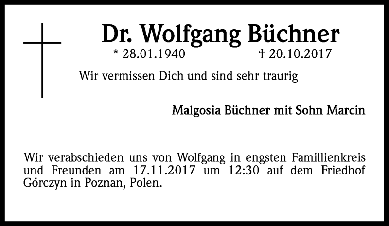  Traueranzeige für Wolfgang Büchner vom 15.11.2017 aus Kölner Stadt-Anzeiger / Kölnische Rundschau / Express
