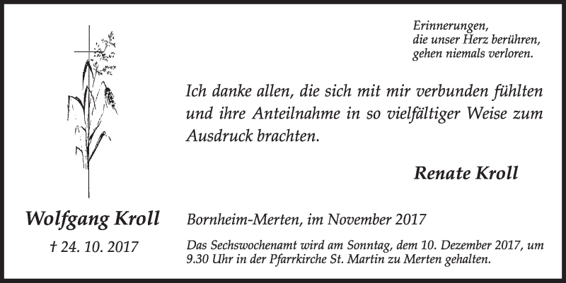  Traueranzeige für Wolfgang Kroll vom 29.11.2017 aus  Schlossbote/Werbekurier 
