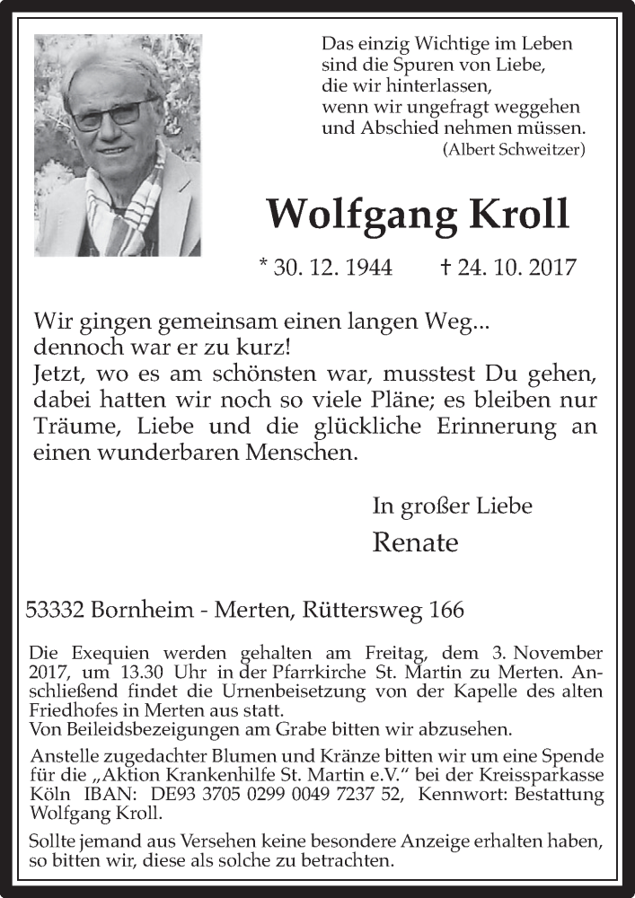  Traueranzeige für Wolfgang Kroll vom 02.11.2017 aus  Schaufenster/Blickpunkt 