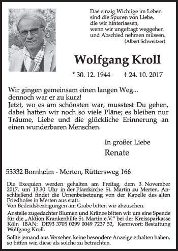 Anzeige von Wolfgang Kroll von  Schlossbote/Werbekurier 