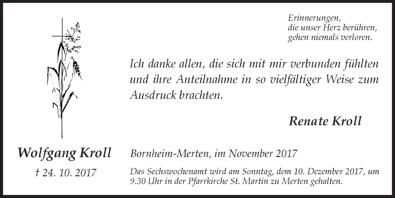  Traueranzeige für Wolfgang Kroll vom 29.11.2017 aus  Schaufenster/Blickpunkt 
