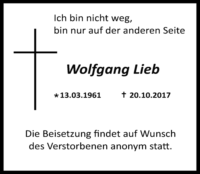  Traueranzeige für Wolfgang Lieb vom 08.11.2017 aus  Kölner Wochenspiegel 