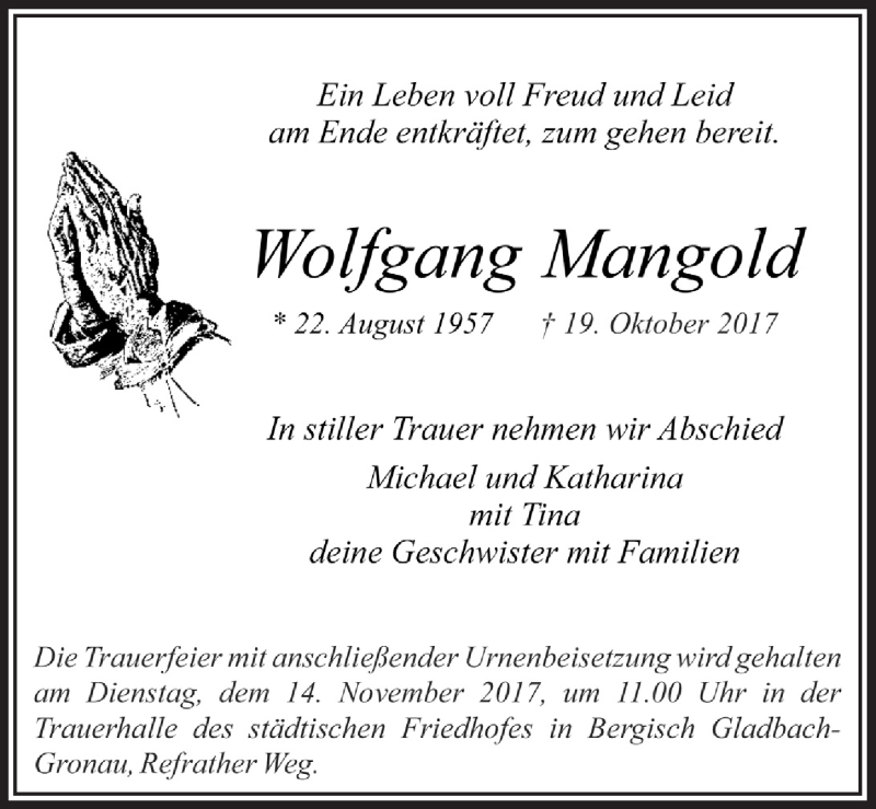  Traueranzeige für Wolfgang Mangold vom 08.11.2017 aus  Bergisches Handelsblatt 
