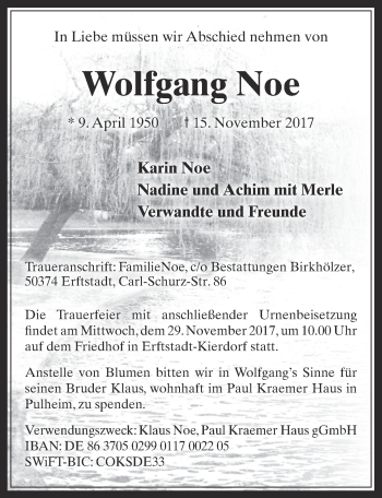 Anzeige von Wolfgang Noe von  Sonntags-Post 