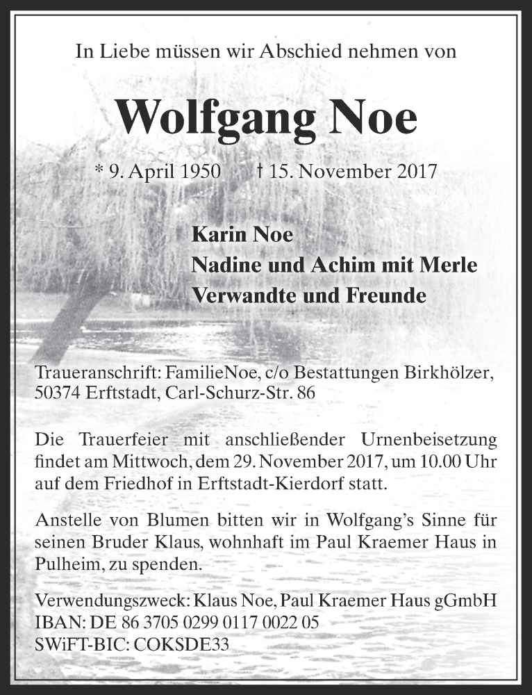  Traueranzeige für Wolfgang Noe vom 25.11.2017 aus  Sonntags-Post 