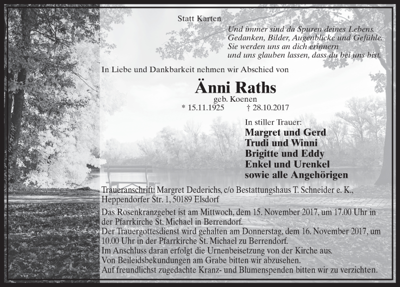  Traueranzeige für Änni Raths vom 11.11.2017 aus  Sonntags-Post 