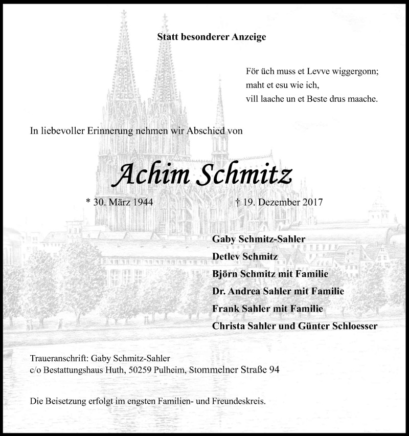  Traueranzeige für Achim Schmitz vom 30.12.2017 aus Kölner Stadt-Anzeiger / Kölnische Rundschau / Express