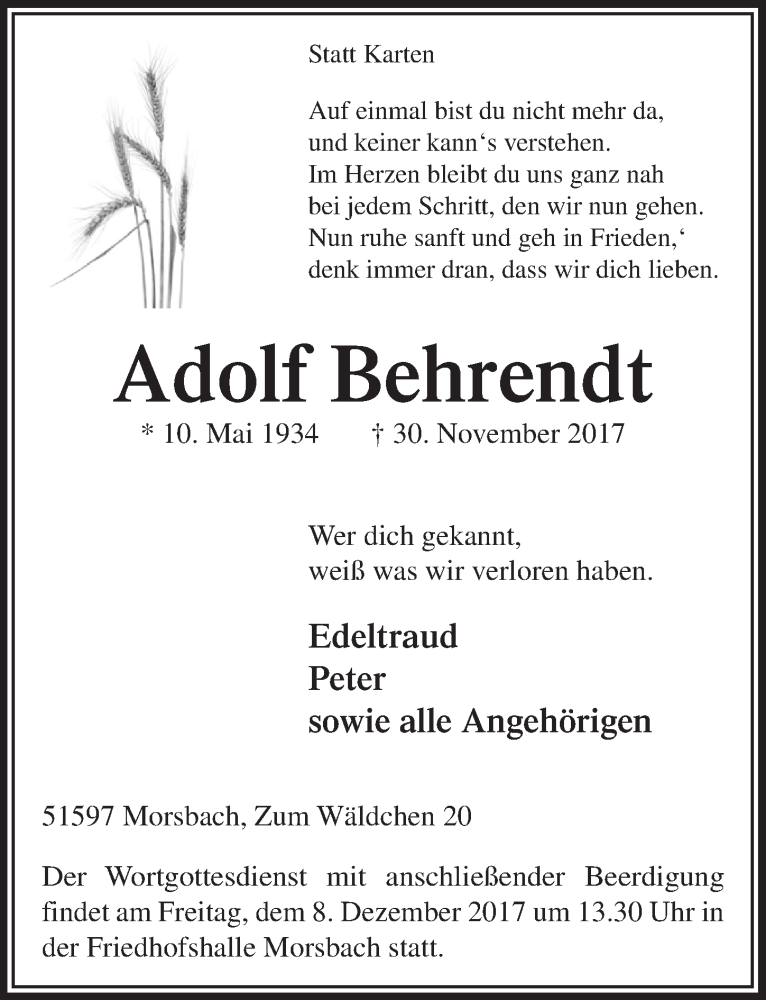  Traueranzeige für Adolf Behrendt vom 06.12.2017 aus  Lokalanzeiger 