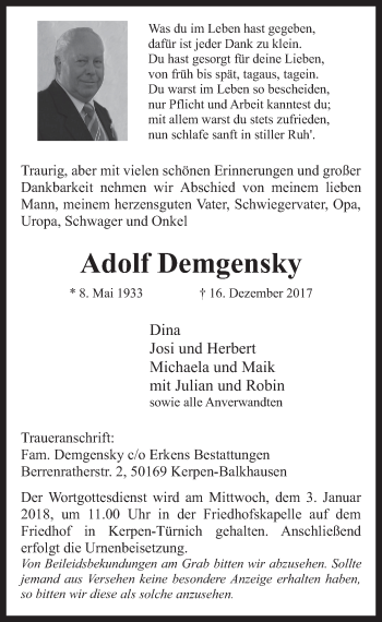 Anzeige von Adolf Demgensky von  Werbepost 