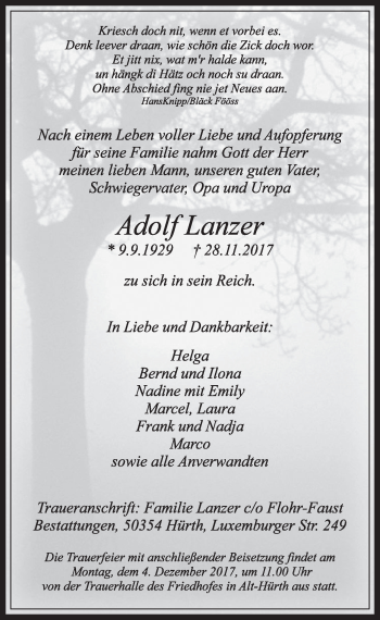 Anzeige von Adolf Lanzer von  Sonntags-Post 
